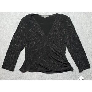 Onyx Nite by Wendye Chaitin Blouse Womens PL Black Glitter V-Neck Long Sleeve